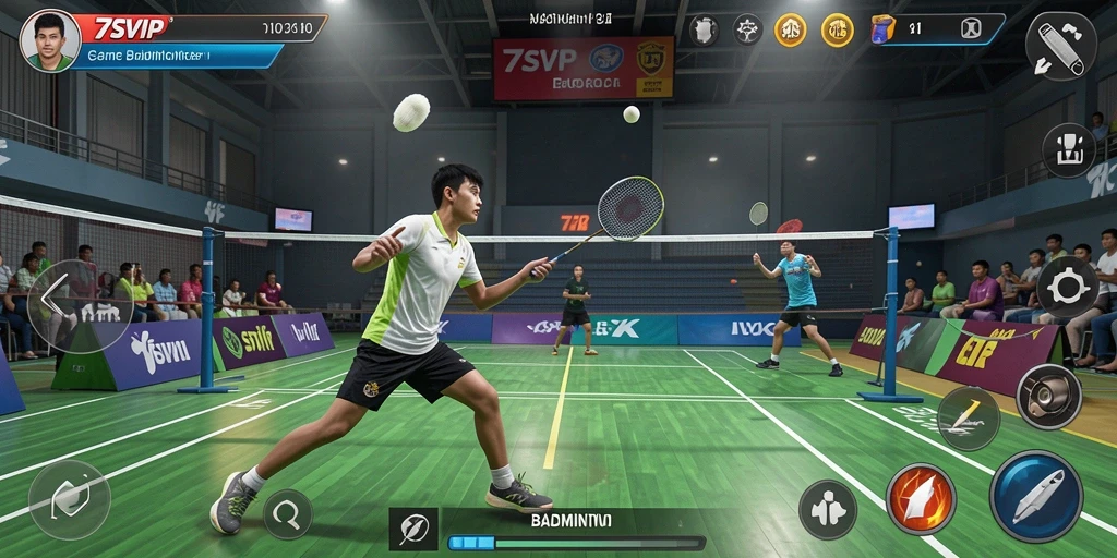 Antarmuka permainan Badminton 7SVIP yang menarik dan interaktif.