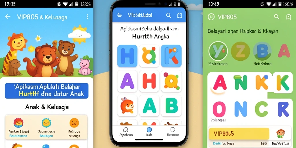 Screenshot aplikasi VIP805 yang menunjukkan aktivitas belajar huruf dan angka.
